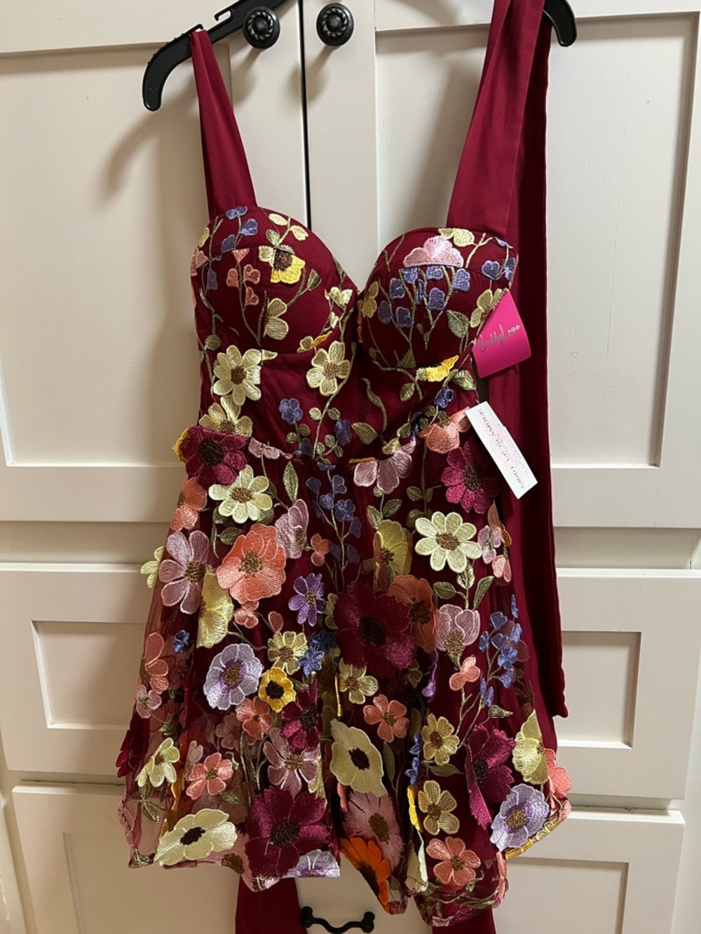 Burgundy Floral Embroidered Party Dress